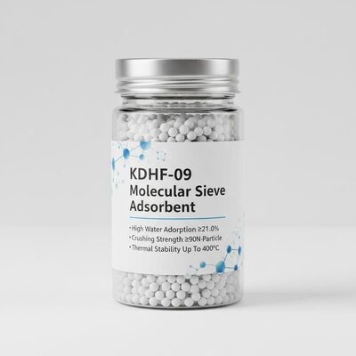 KDHF-09 उच्च जल अवशोषण (≥21.0%), कुचलने की शक्ति (≥90N/कण) और 400°C तक की तापीय स्थिरता के साथ आणविक छलनी अधिशोषक